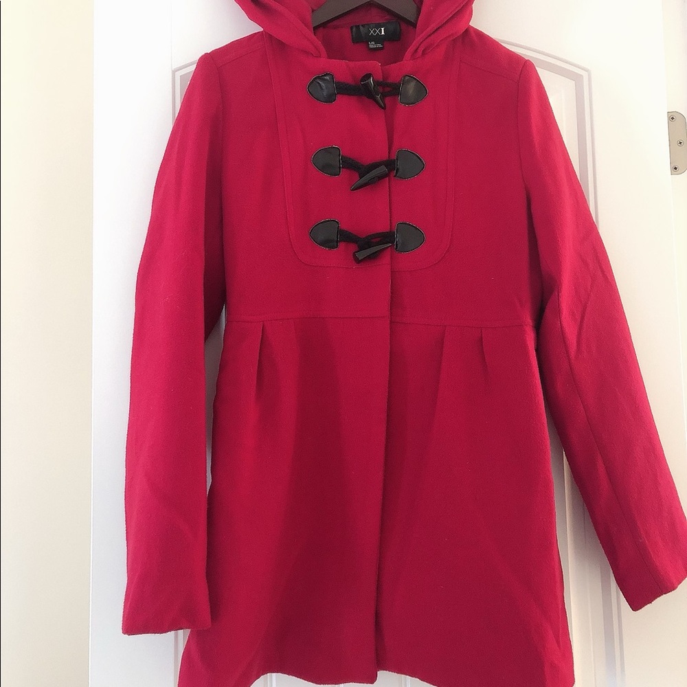 Adorable Red Hooded long coat Forever 21 Size L